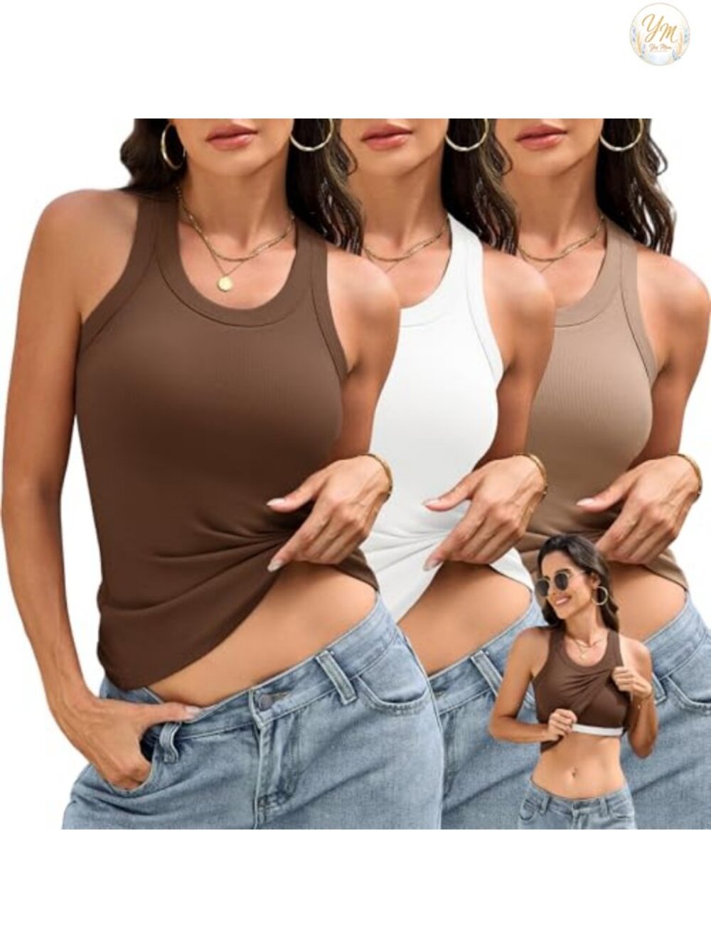 3 Pack Women's Ribbed Tank Tops with Built-in Bra Racerback Scoop Neck